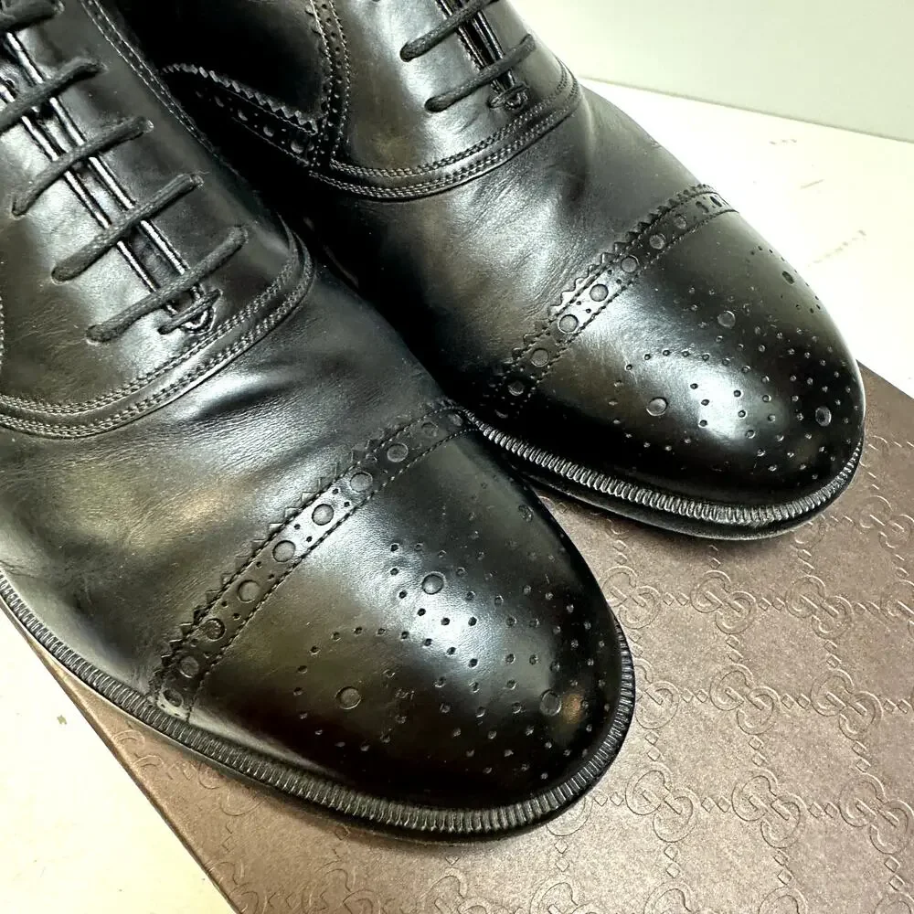 EUC Gucci Oxford Brogue Round Cap Toe 312279 Betis Glamour Nero UK 8.5 US 9 D
